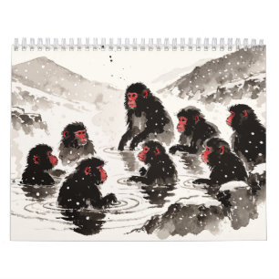 Japanese Snow Monkey Seasons Sumi-e Ink Art Calendar