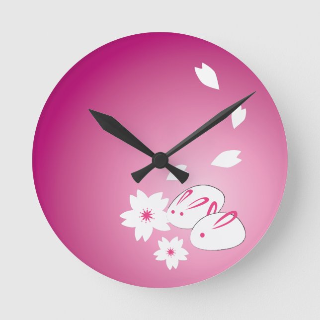 Japanese Snow Rabbits and Sakura Round Clock (Front)