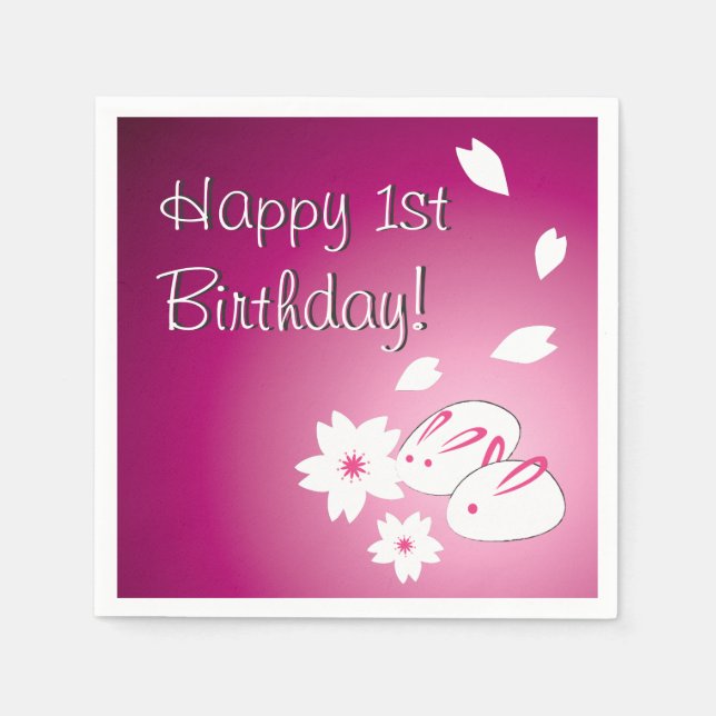 Japanese Snow Rabbits & Sakura 1st Birthday Napkin (Front)