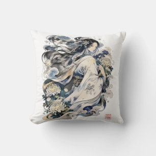 Japanese Snow Woman Art Winter Yokai In Kimono Throw Pillow