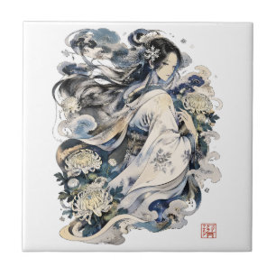 Japanese Snow Woman Art   Winter Yokai In Kimono Tile