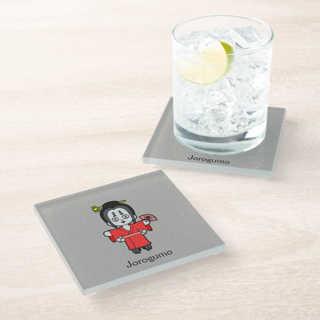 Japanese Spider Lady Jorogumo: Cartoon Yokai Glass Coaster (Angled)