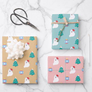 Japanese Spitz Dog's Cute Christmas - KamaHachi Wrapping Paper Sheet
