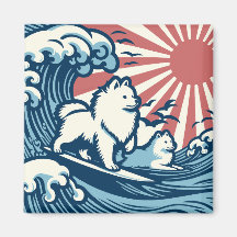 Japanese Spitz Dogs Sufing the Great Wave
