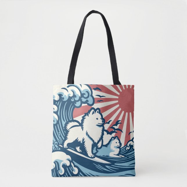 Japanese Spitz Dogs Sufing the Great Wave Tote Bag (Front)