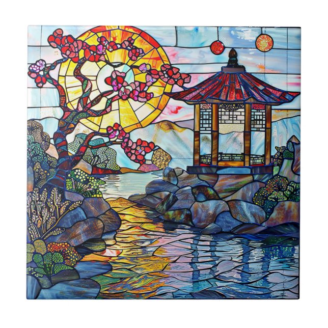 Japanese Stained Glass Art Ceramic Tile (Front)