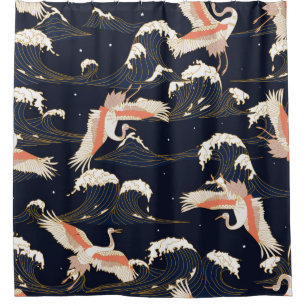 japanese storks in vintage style on green backgrou