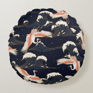 japanese storks in vintage style on green backgrou round pillow