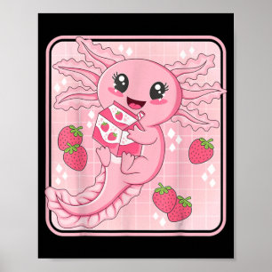 Japanese Strawberry Milk Anime Pink Kawaii Axolotl Poster