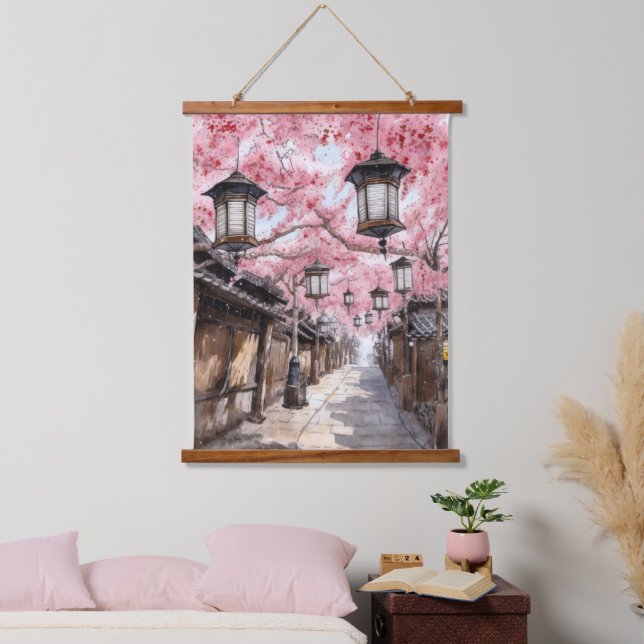 Japanese Street with Cherry Blossom Trees Hanging Tapestry (Bedroom)