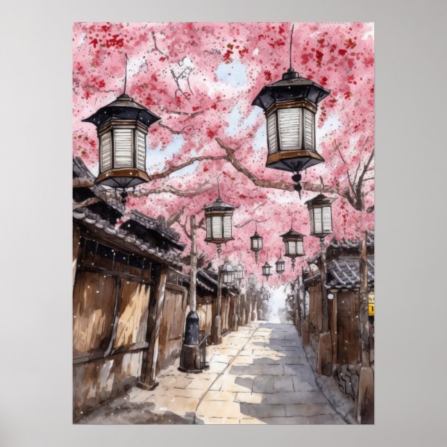 Japanese Street with Cherry Blossom Trees Poster (Front)