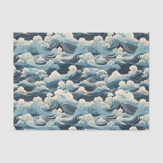 Japanese Style Abstract Ocean Waves Decoupage Tissue Paper (Front)