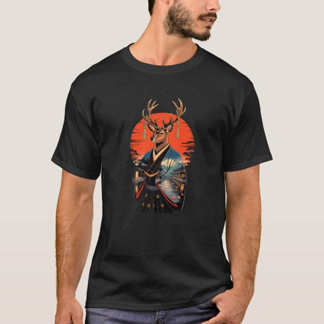 Japanese Style Art Hatamoto Elk Deer Reindeer Prem T-Shirt (Front)