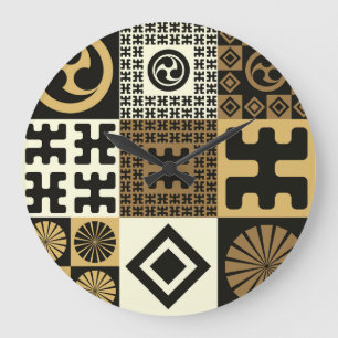 Japanese style, black gold seamless patterns. large clock