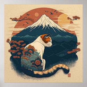 Japanese Style Cat Art Poster - Red and Blue