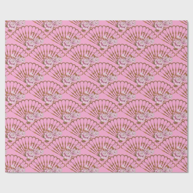 Japanese style fun and roses pink wrapping paper (Flat)