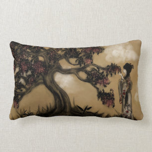 Japanese Style Geisha and Blossoming Tree Lumbar Pillow