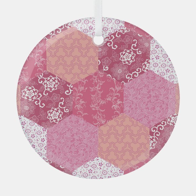 Japanese Style Patchwork Pattern Design Glass Ornament (Front)