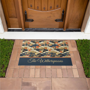 Japanese Style Retro Teal Floral and Clouds Print Doormat