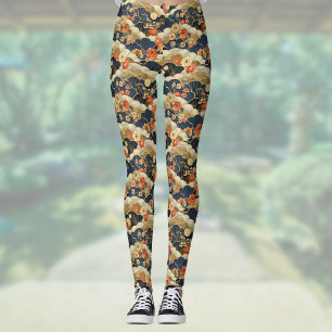 Japanese Style Retro Teal Floral and Clouds Print Leggings