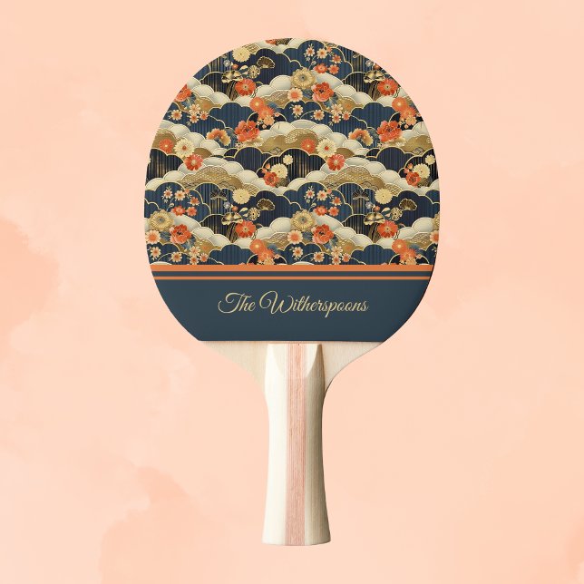 Japanese Style Retro Teal Floral and Clouds Print Ping Pong Paddle (Creator Uploaded)