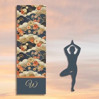 Japanese Style Retro Teal Floral and Clouds Print Yoga Mat
