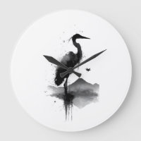 Japanese Sumi-e Crane Zen Art Wall Clock