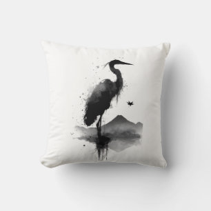 Japanese Sumi-e Crane Zen Throw Pillow