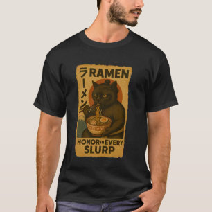 Japanese Sumo Black Cat Eating Ramen Noodles Retro T-Shirt