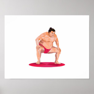 Japanese Sumo Wrestler Squat Low Polygon Poster