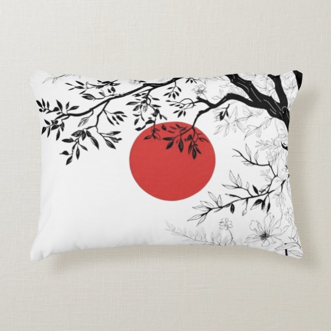 Japanese Sun & Nature Brush Art Accent Pillow (Front)