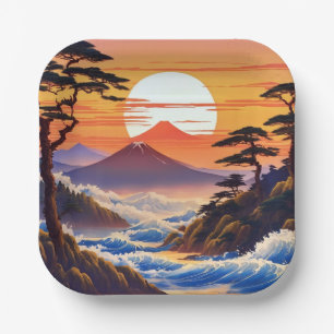 Japanese Sunrise Sunset Landscape Paper Plate