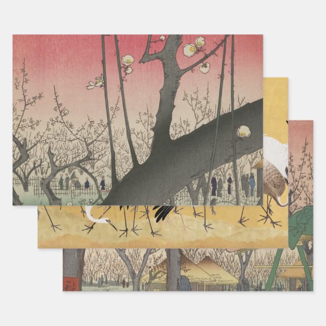 Japanese sunrise sunset plum estate trees wrapping paper sheet (Set)