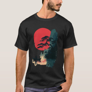 Japanese Sunset Bonsai Lake Fisherman Silhouette L T-Shirt