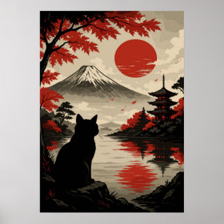 Japanese Sunset Cat with Mount Fuji and Pagoda Poster