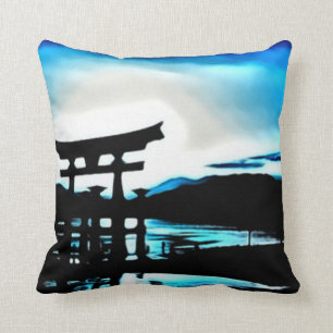 Japanese Sunset Temple Airbrush Art Throw Pillow