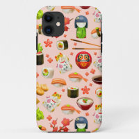 Japanese sushi fish dish pattern on pink