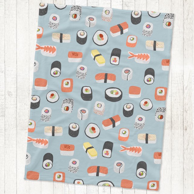 Japanese Sushi Nigiri Maki Roll Pattern Fleece Blanket (Japanese sushi fun fleece blanket)