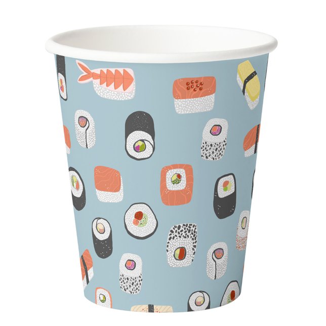 Japanese Sushi Pattern Blue Paper Cups (Fun Japanese sushi food art pattern blue paper cups)