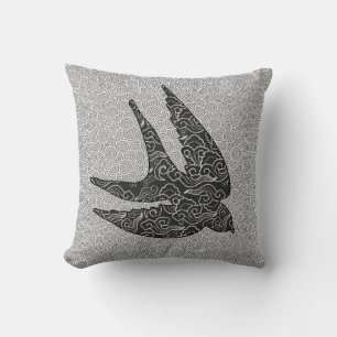 Japanese Swallow in Flight, Charcoal & Light Grey  Throw Pillow