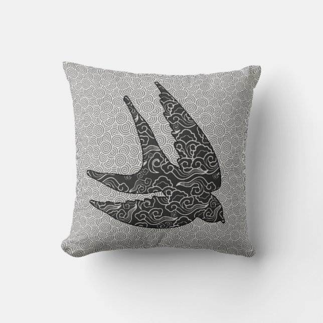 Japanese Swallow in Flight, Charcoal & Light Grey  Throw Pillow (Front)