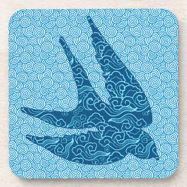 Japanese Swallow in Flight, Cobalt and Pale Blue Coaster (Front)