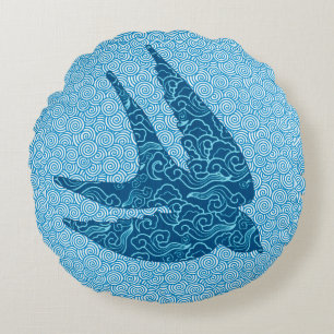 Japanese Swallow in Flight, Cobalt and Pale Blue Round Pillow
