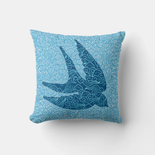 Japanese Swallow in Flight, Cobalt and Pale Blue T Throw Pillow