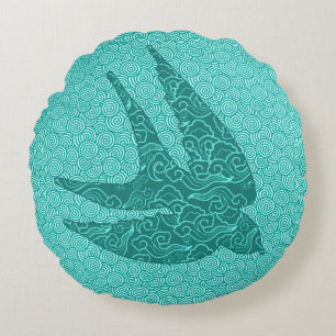 Japanese Swallow in Flight, Turquoise and Aqua Round Pillow