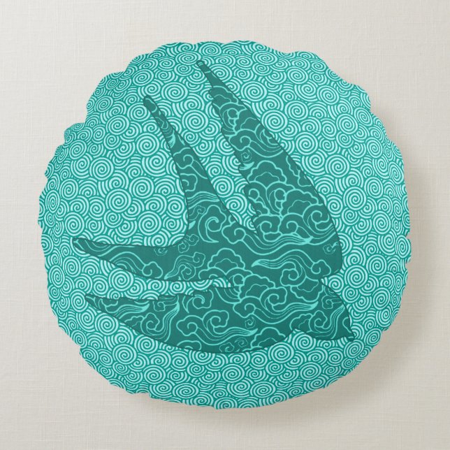 Japanese Swallow in Flight, Turquoise and Aqua Round Pillow (Front)