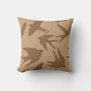 Japanese Swallows in Flight, Brown and Beige Throw Pillow