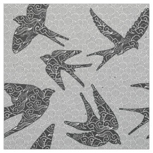 Japanese Swallows in Flight, Charcoal & Light Grey Fabric