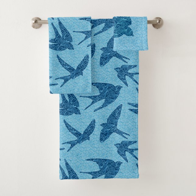 Japanese Swallows in Flight, Cobalt and Pale Blue Bath Towel Set (Insitu)
