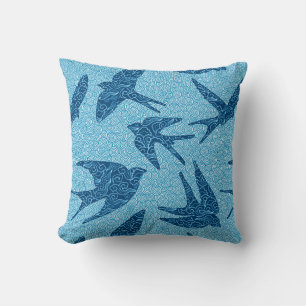 Japanese Swallows in Flight, Cobalt and Pale Blue Throw Pillow